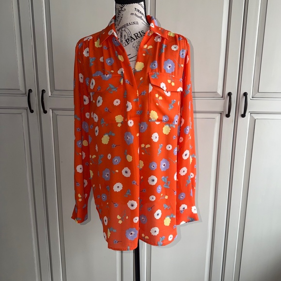 Ann Taylor Popover Orange Floral Camp Shirt Size M - Picture 2 of 7